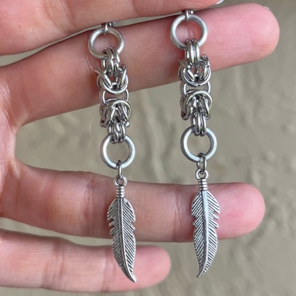 Silverskylight Jewelry - Handmade maille leaf feather dangly stainless steel post earrings boho silver